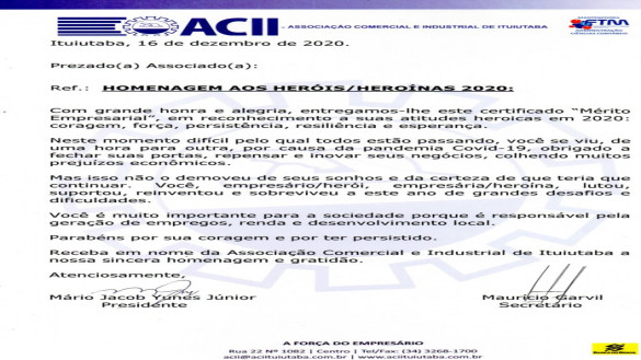 Homenagem M&eacute;rito Empresarial 2020